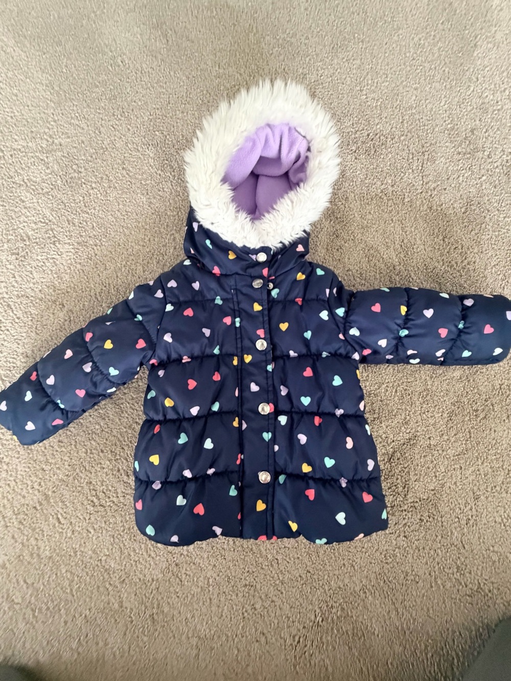 Carters Navy Heart-Print Puffer Coat with Faux Fur Hood - Kids